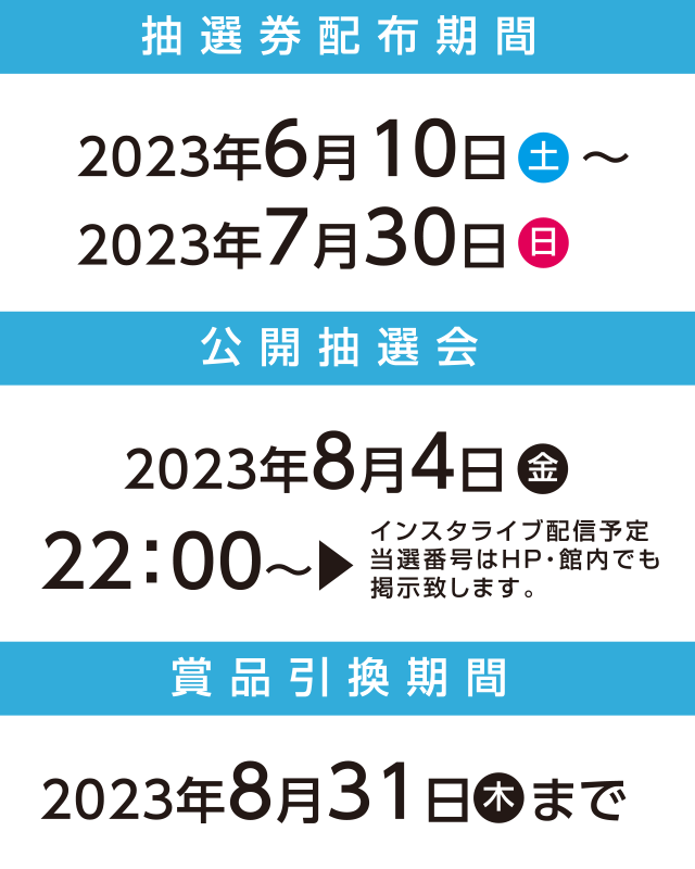 抽選券配布期間 公開抽選会 賞品引換期間